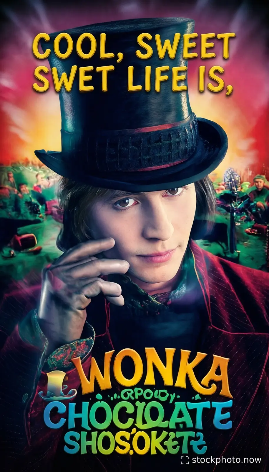 AI-generated image based on the creator’s brief: A cool Wonka and chocolate picture discribing how cool and sweet life is and the.