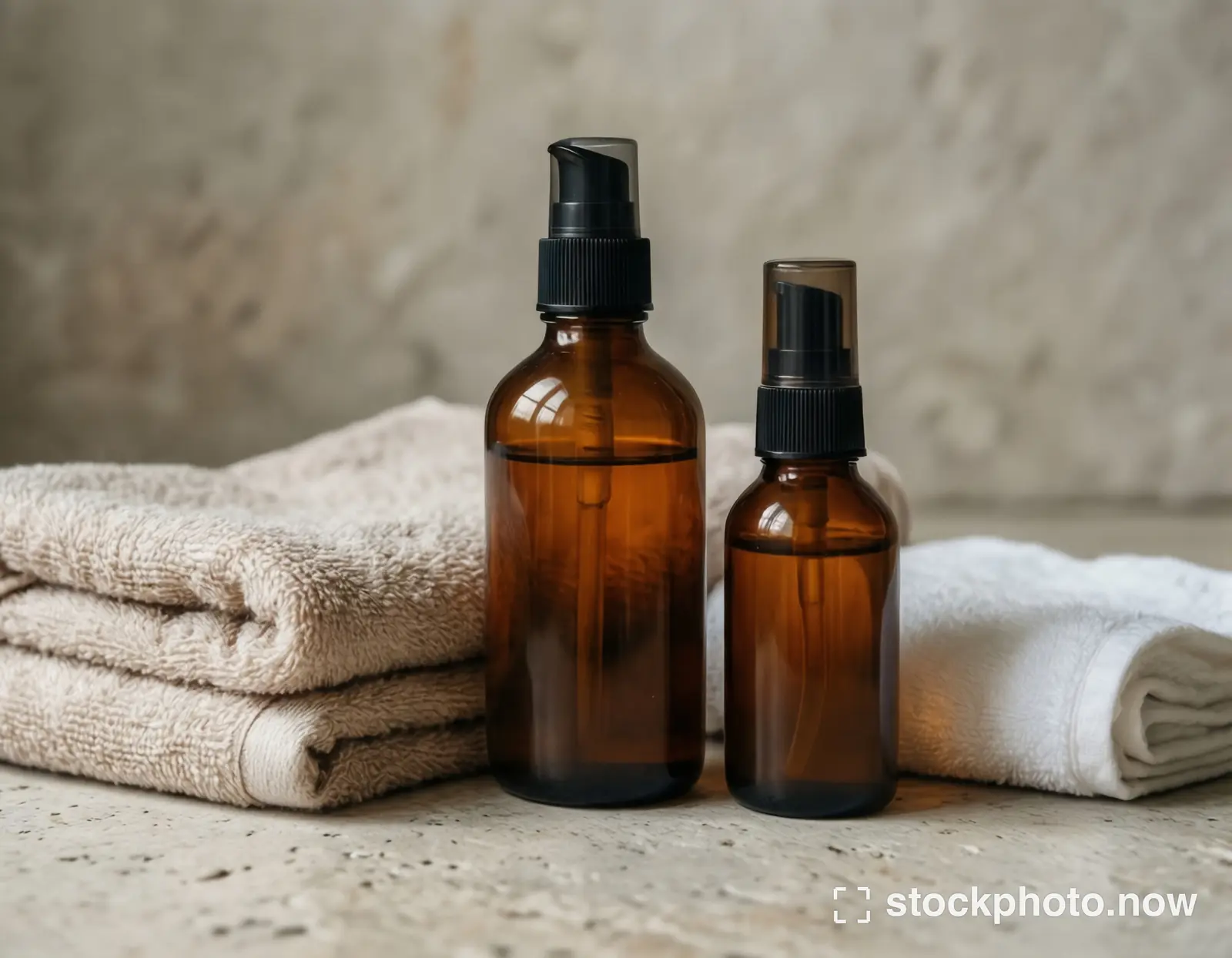 Two amber glass spray bottles sit between folded beige and white towels on a textured concrete surface.