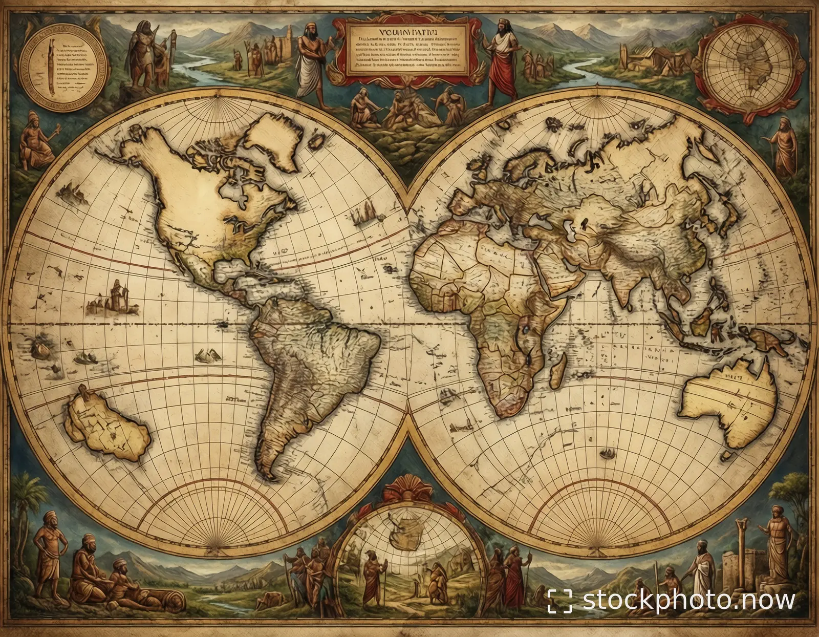 An antique world map with two hemispheres surrounded by classical figures and decorative cartouches on aged parchment.