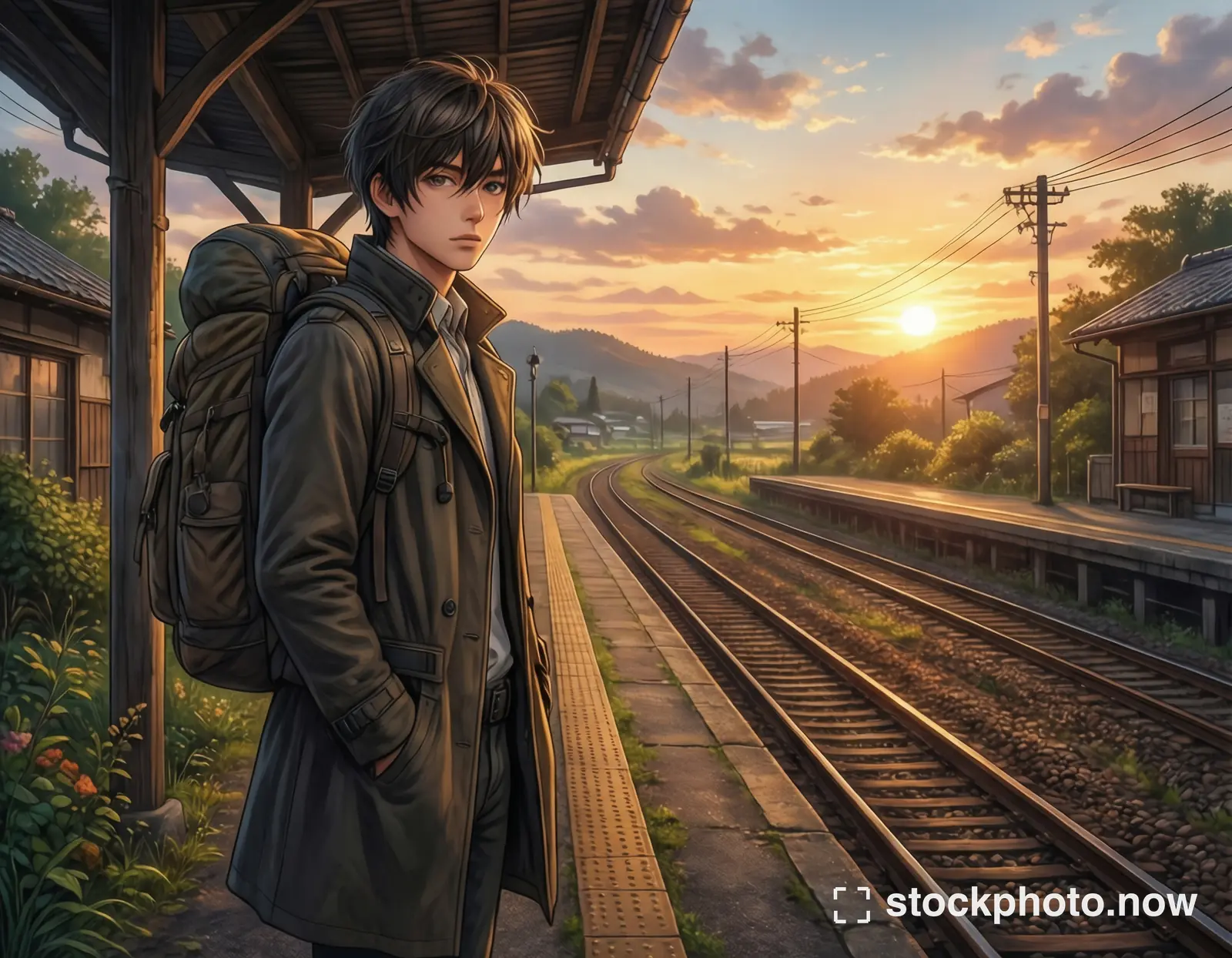 An original anime-style traveler with a backpack standing beside railway tracks at sunset