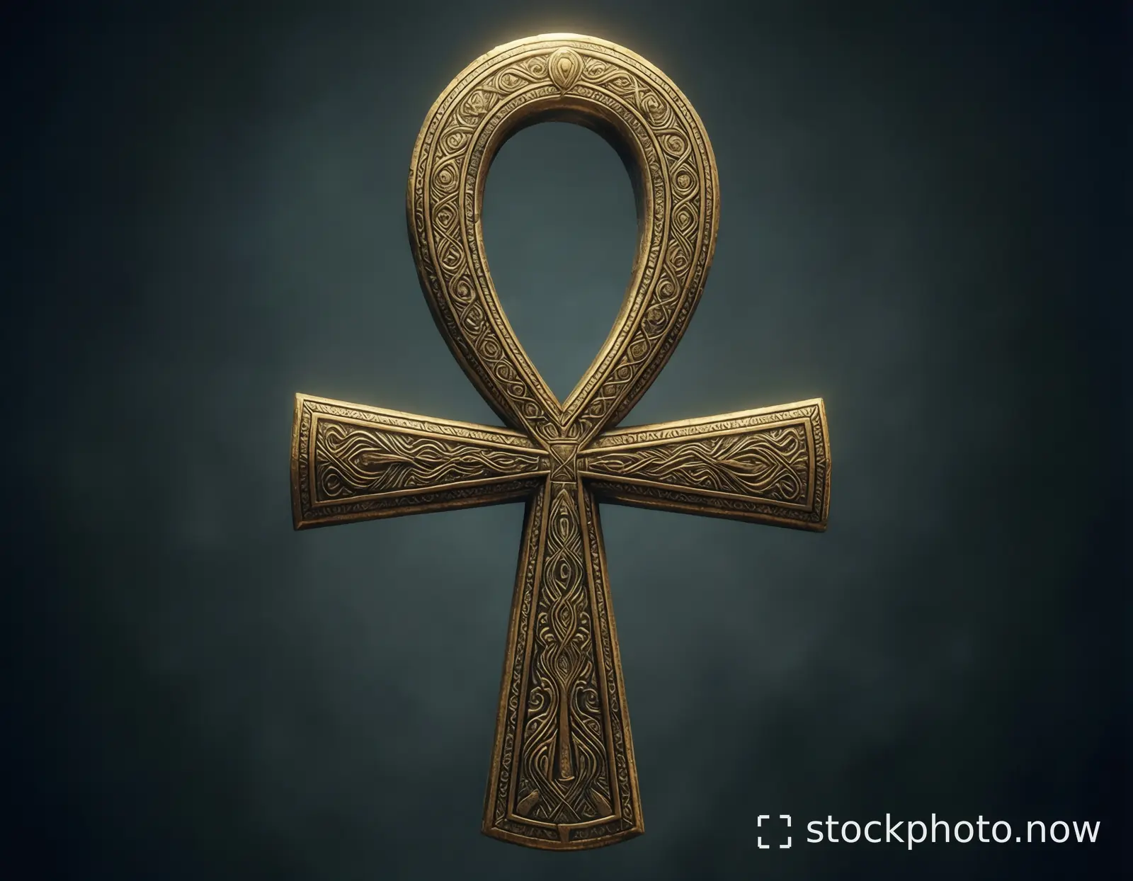 A glowing golden ankh with intricate carvings floats against a dark smoky background.