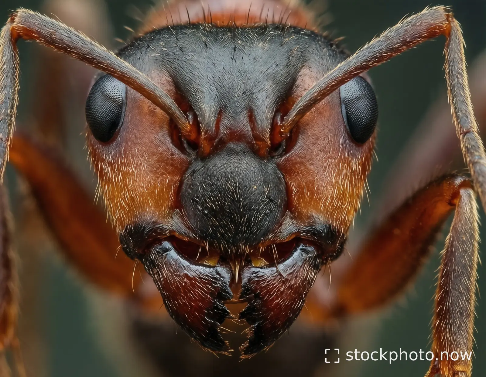 Extreme closeup of an ant's face showing detailed black eyes reddish head and textured mandibles.