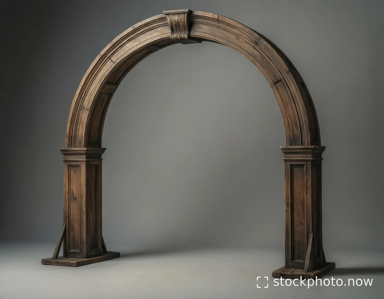 A large rustic wooden archway with carved details stands against a neutral gray studio background.