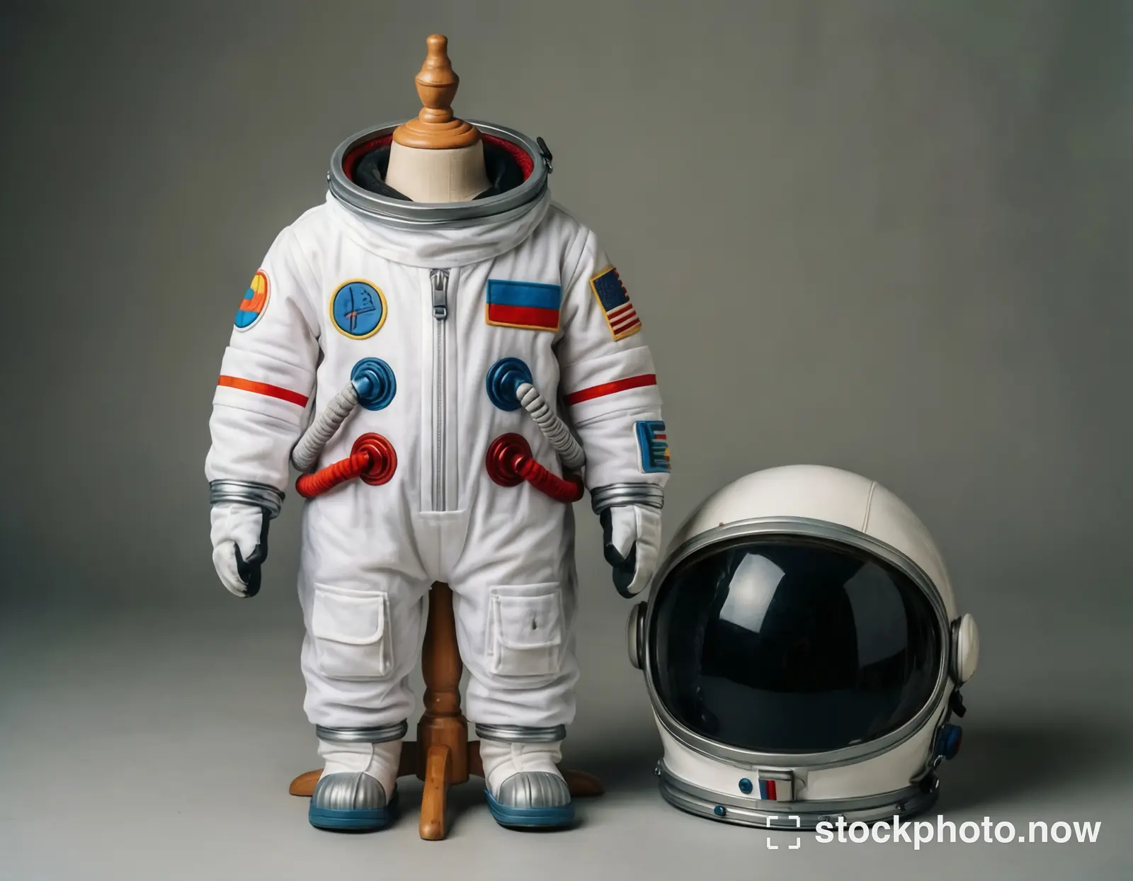 A small white astronaut costume displayed on a mannequin beside a dark-visored helmet