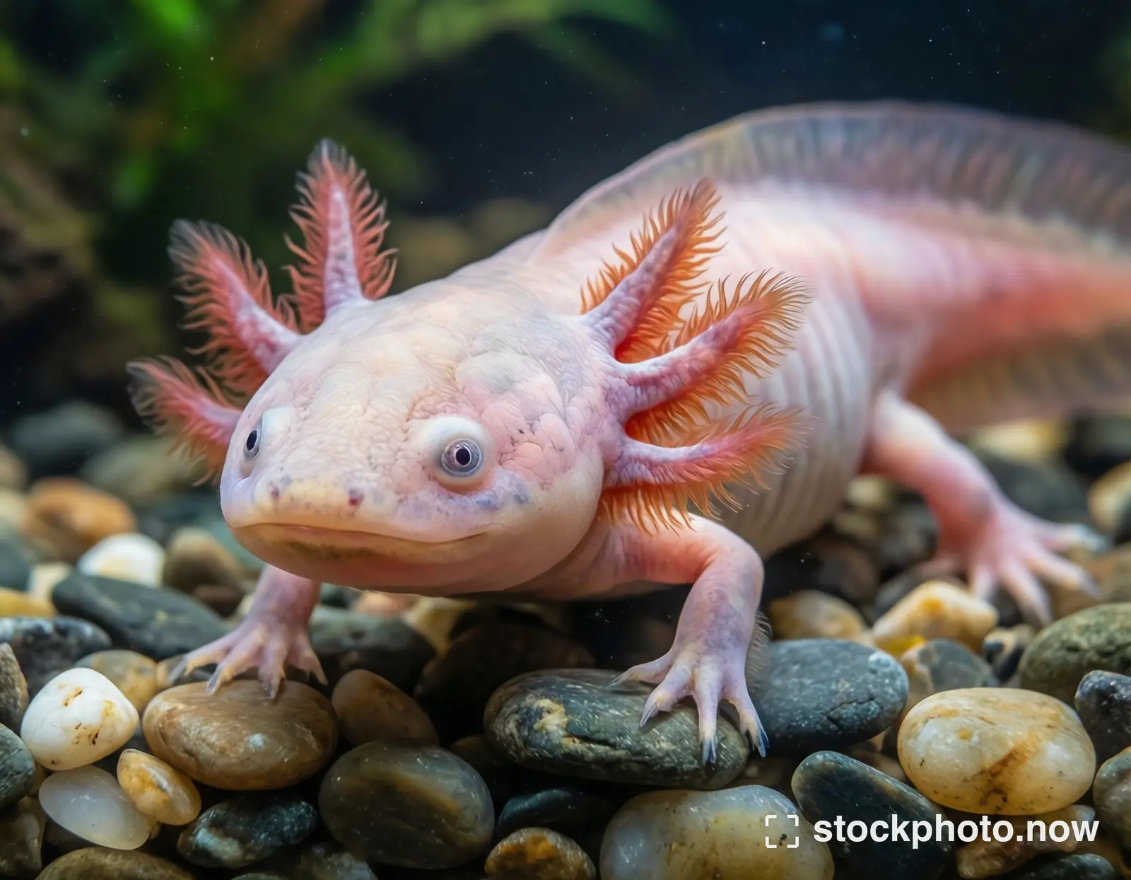 A pale pink axolotl with feathery red gills resting on smooth multicolored pebbles underwater