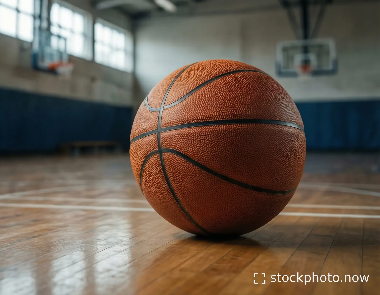 A close-up of a textured orange basketball resting on a polished wooden gym floor with blurred hoops in the background.