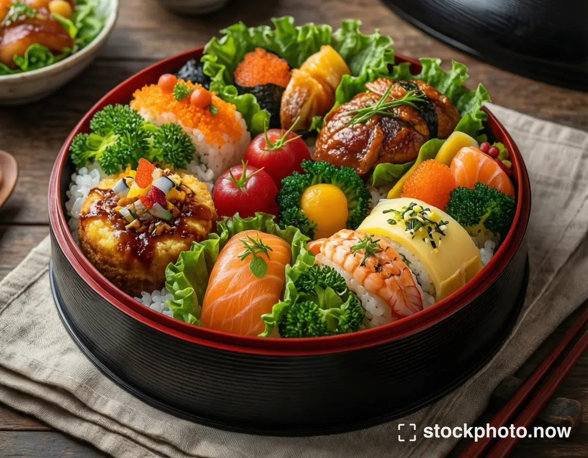 A vibrant bento box filled with sushi sashimi tempura and fresh vegetables on a wooden table.