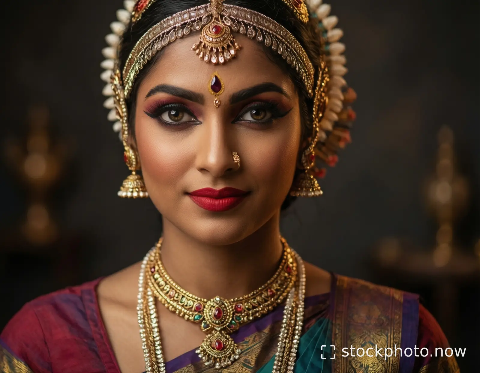 A woman adorned in ornate gold jewelry and a vibrant sari gazes directly with bold red lips and intricate eye makeup.