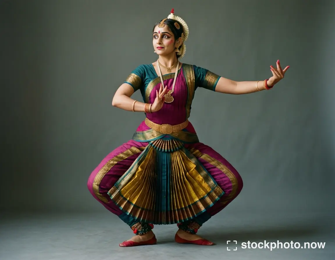 An adult classical Indian dancer in a colorful traditional costume holding a poised studio dance position