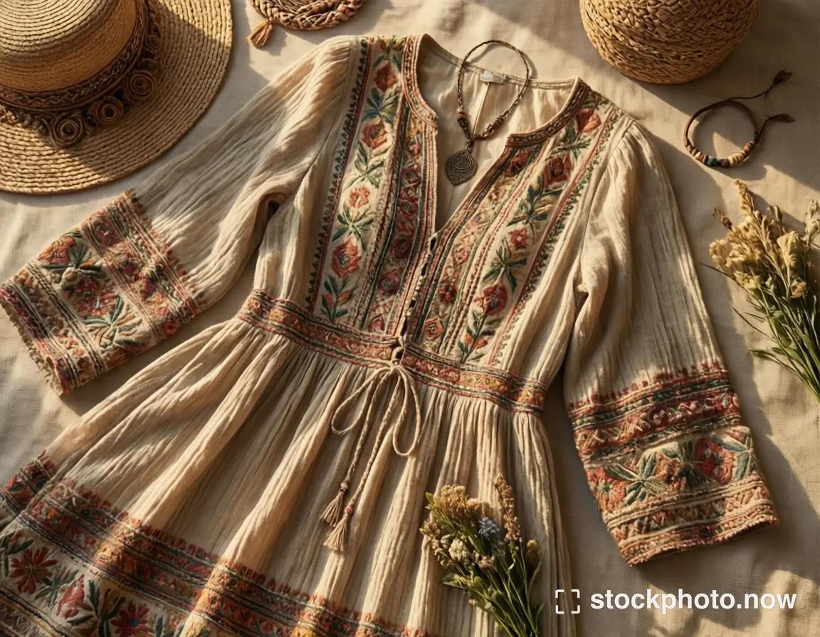 A cream bohemian dress with colorful embroidery arranged with woven accessories on pale linen