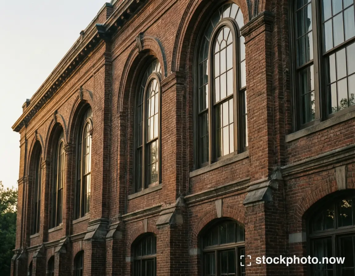 A historic red brick building with arched windows bathed in warm golden hour sunlight.