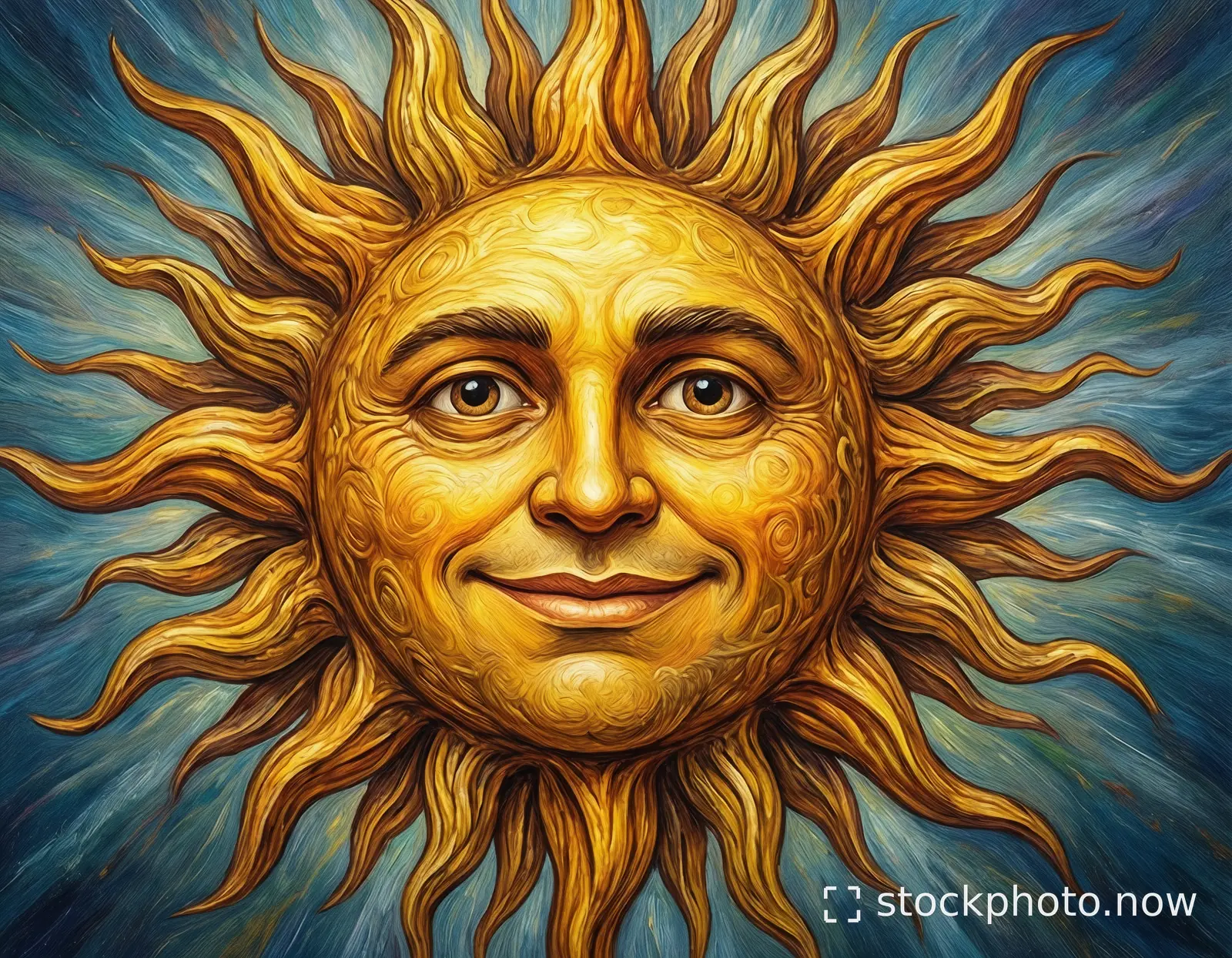 A radiant golden sun with a smiling human face and swirling rays against a deep blue sky.