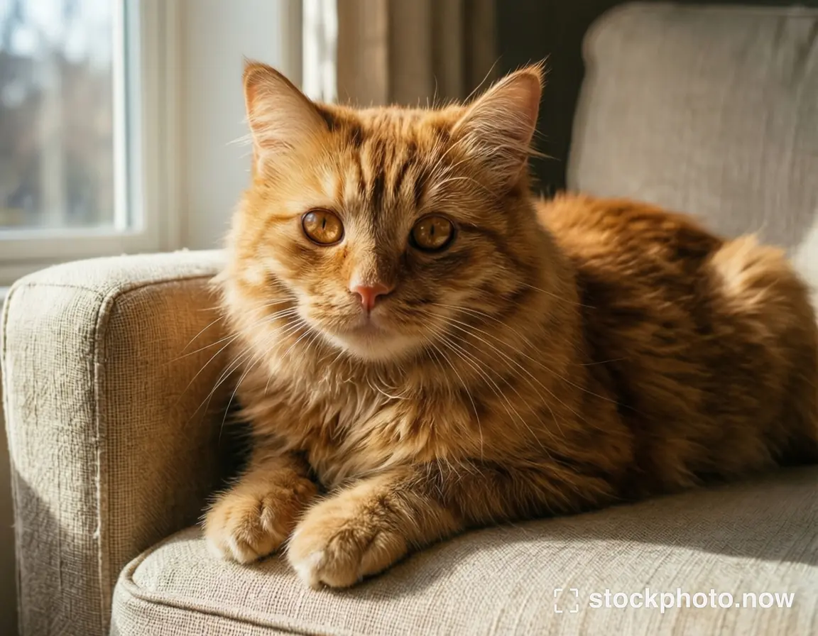 A ginger tabby cat with amber eyes resting on a cream sofa beside a bright window