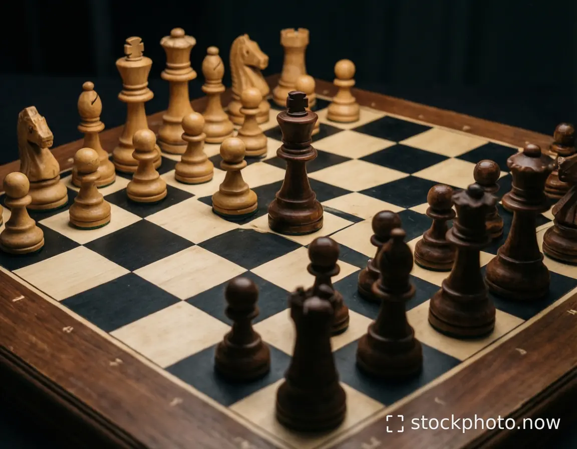 A close-up of a wooden chessboard with dark and light pieces arranged mid-game under soft lighting.