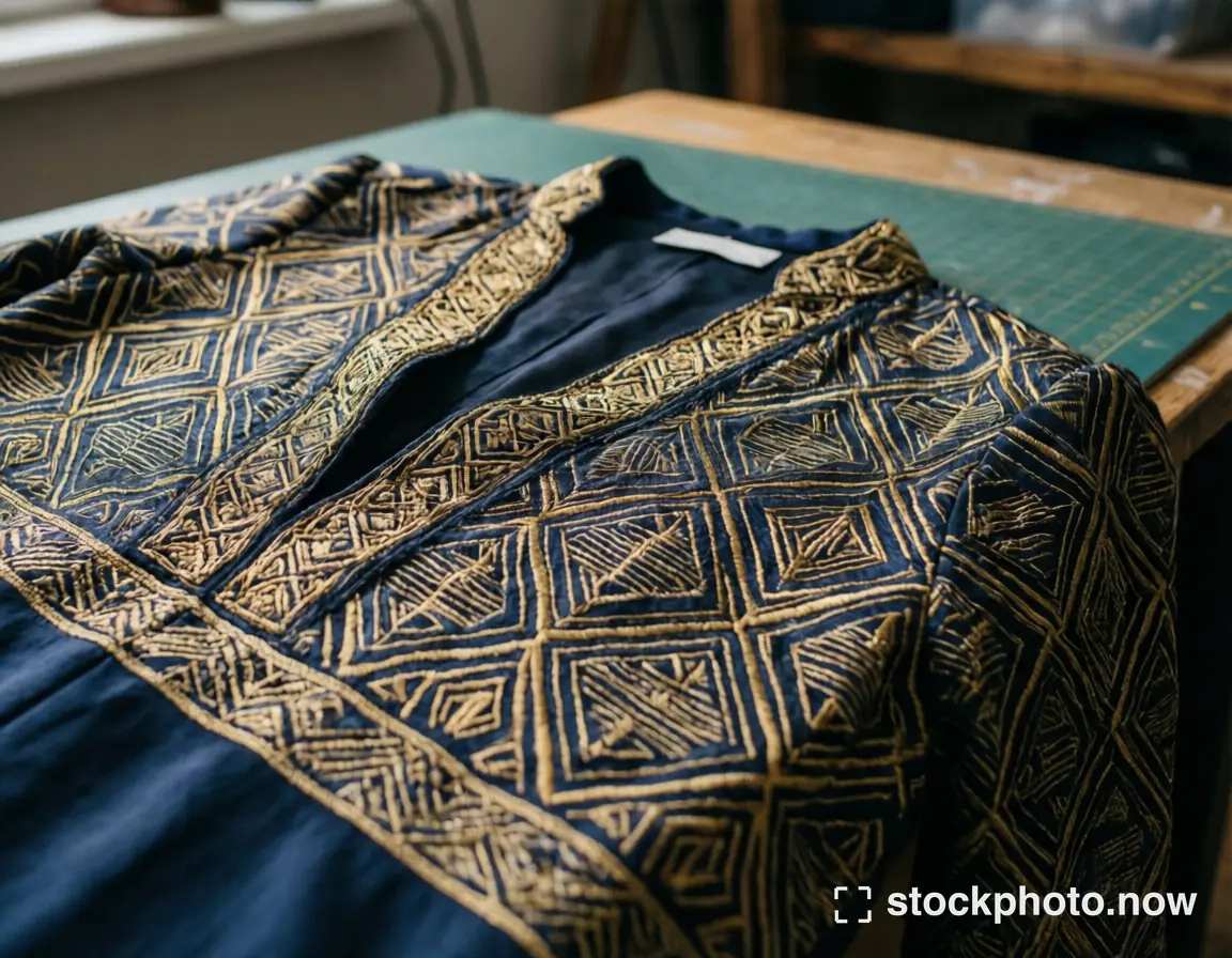 A navy blouse with intricate geometric gold embroidery laid on a cutting mat and wooden worktable
