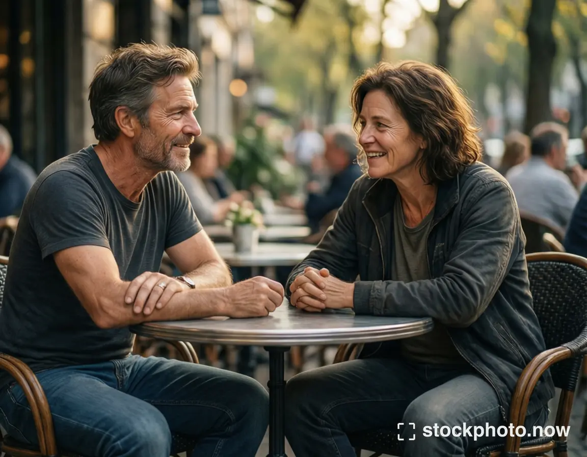 A middle-aged couple shares a warm smile across a café table as golden afternoon light filters through trees behind them.
