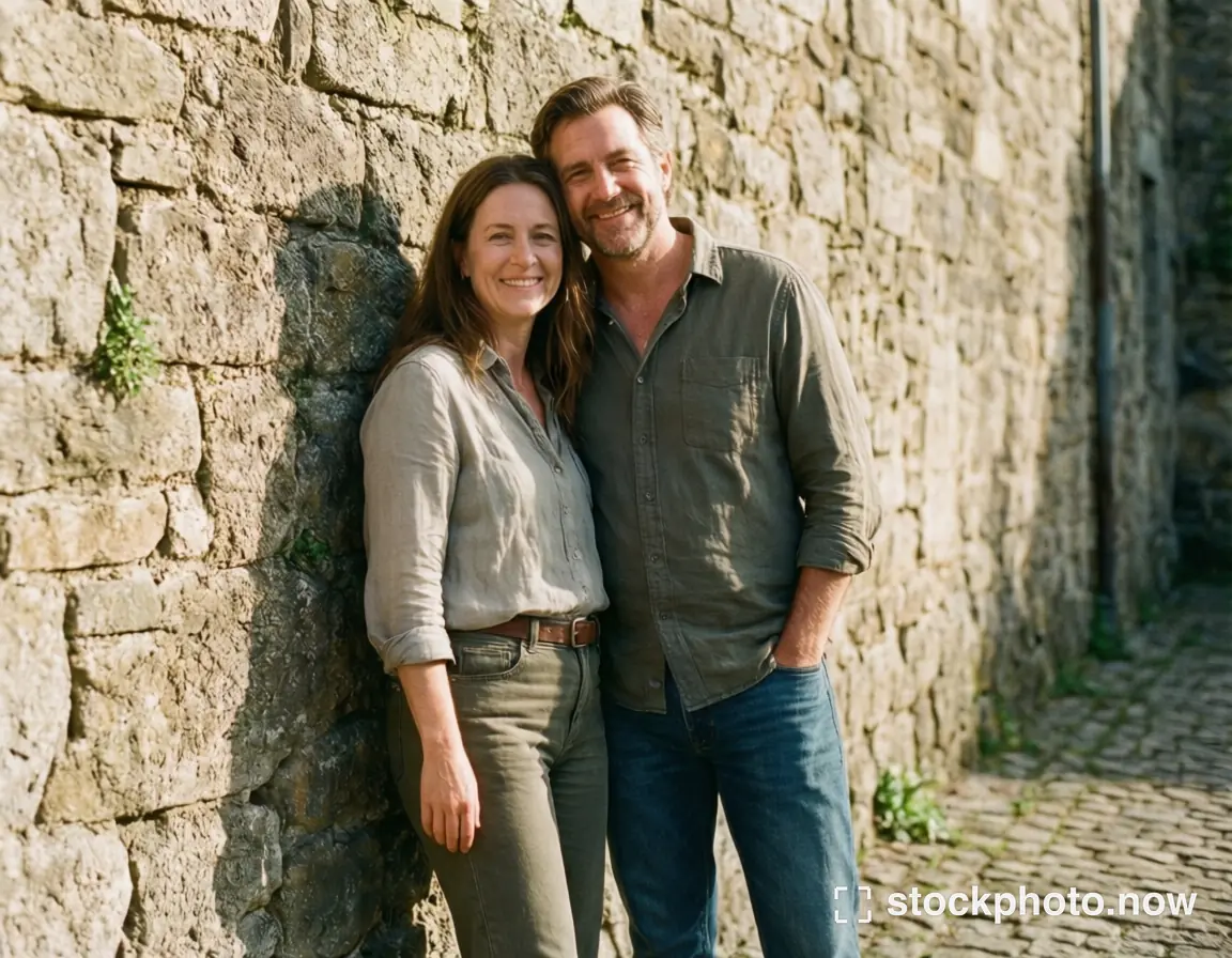 An adult couple standing together beside a textured stone wall in warm sunlight