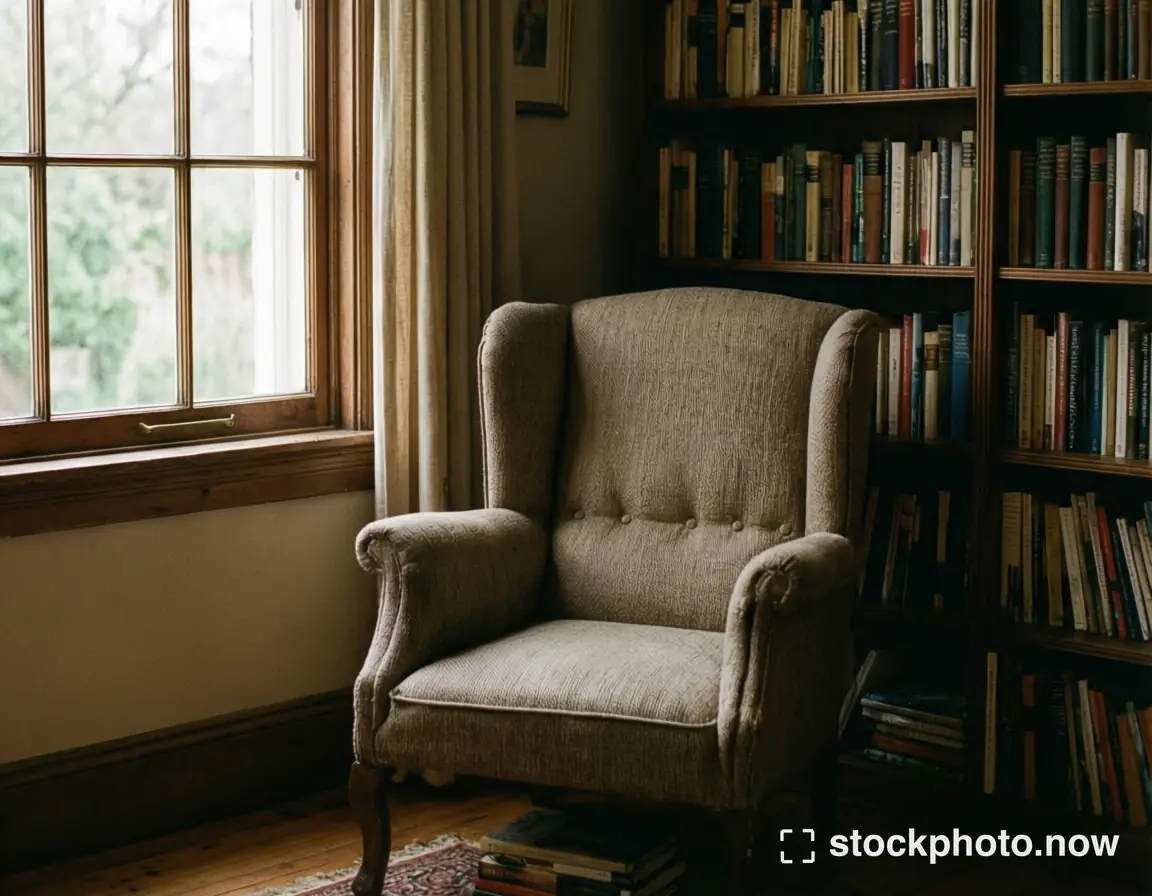 A beige wingback armchair sits by a wooden window beside a tall bookshelf filled with books in a cozy reading nook.