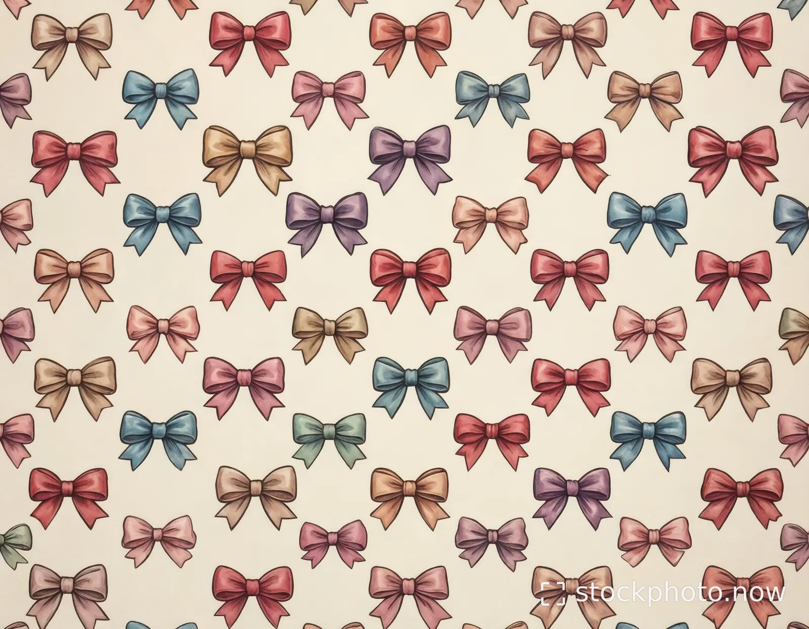 A repeating pattern of hand-drawn bows in soft pastel shades on a creamy background.