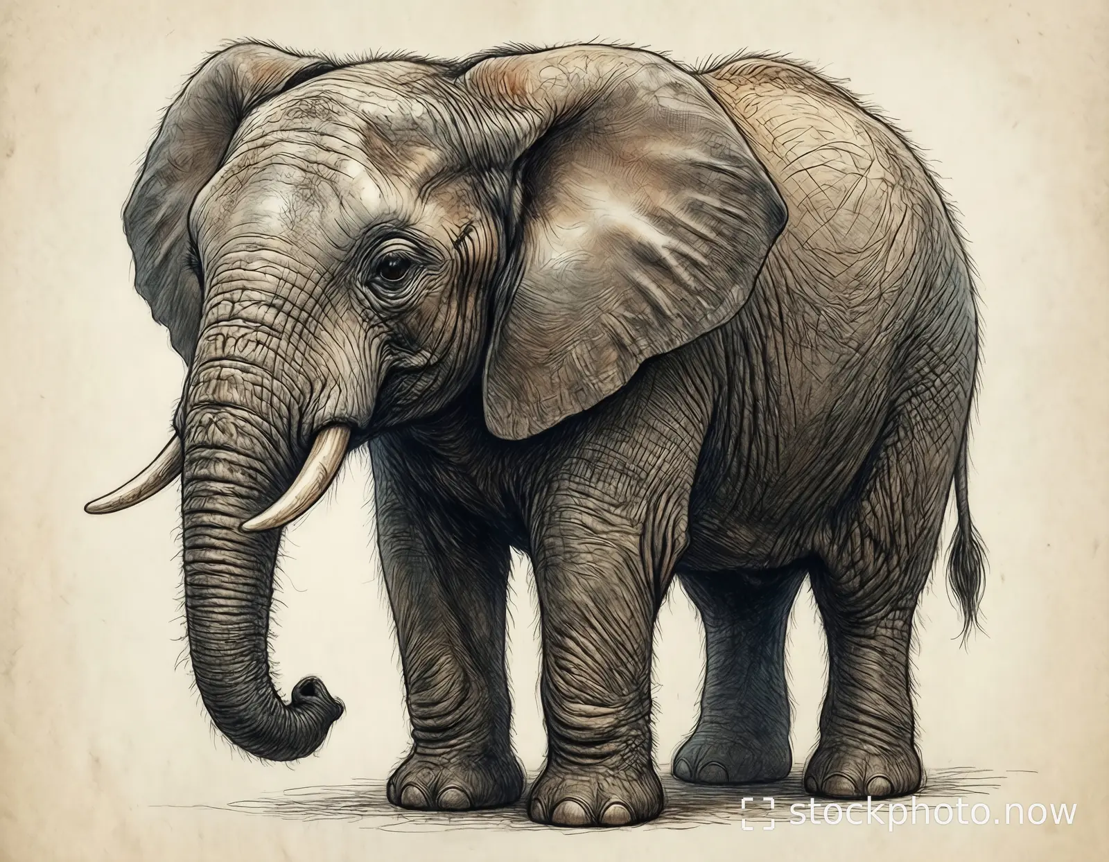 A detailed pencil sketch of a standing African elephant with large ears and curved tusks on aged paper.