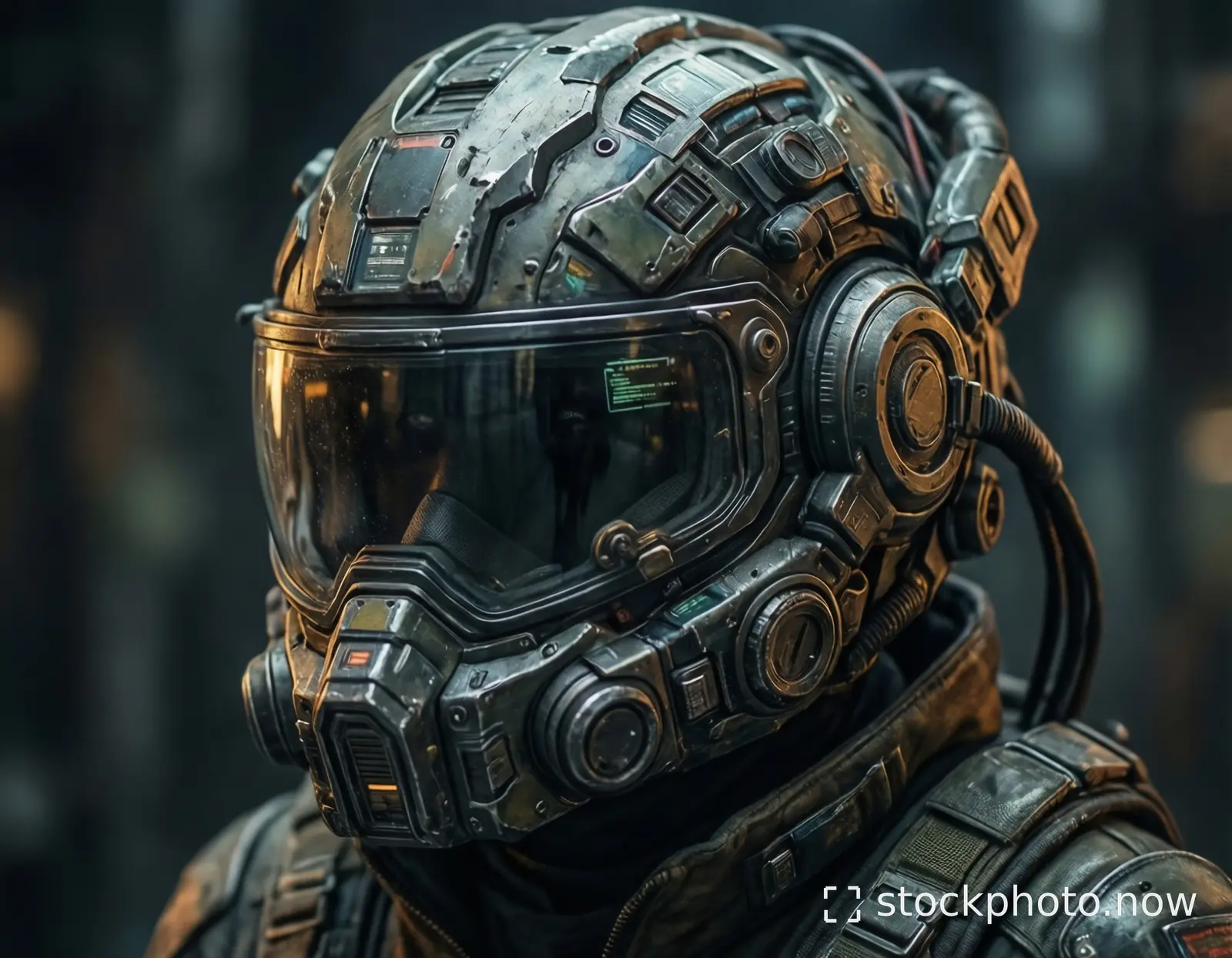 Close-up of a heavily detailed futuristic combat helmet with reflective visor and glowing green display.