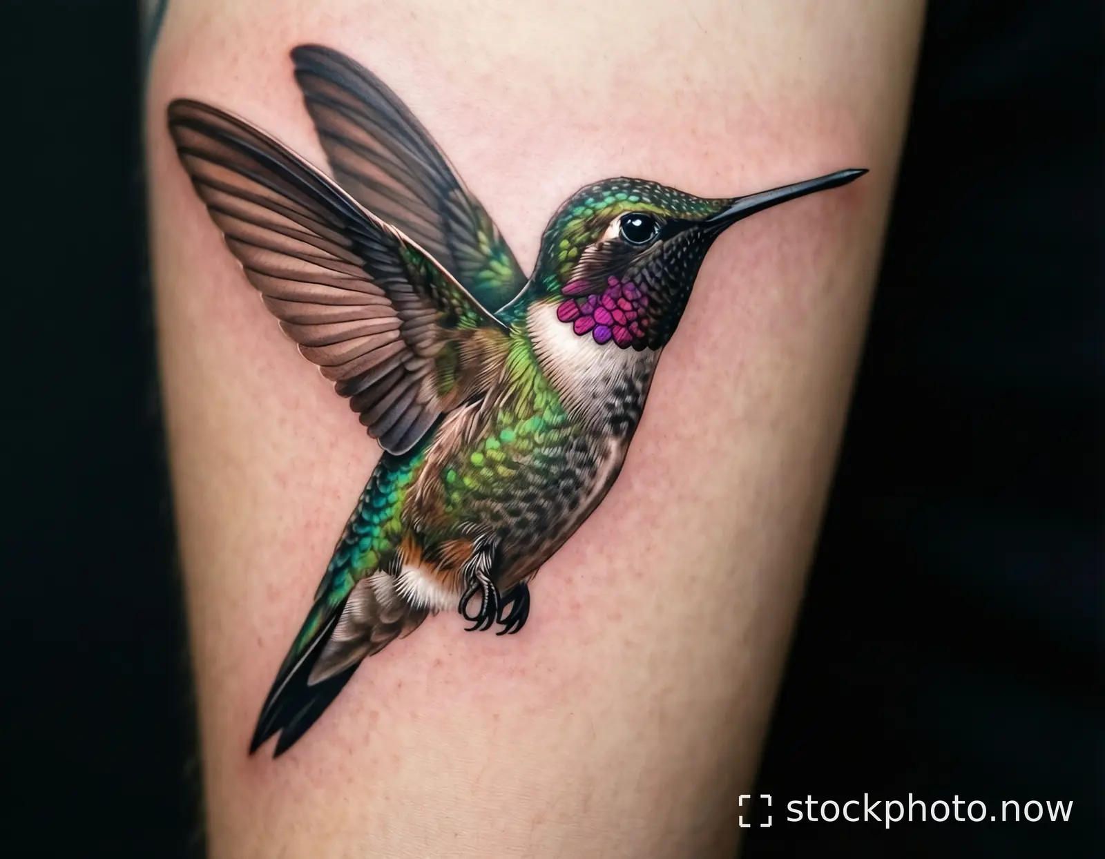 A hyperrealistic tattoo of a hummingbird in mid-flight on a person's thigh with iridescent green and purple feathers.