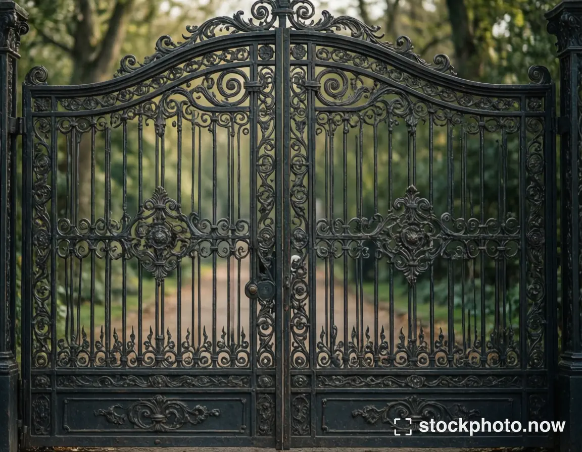 An ornate black wrought iron gate with intricate scrollwork stands open revealing a sunlit forest path beyond.