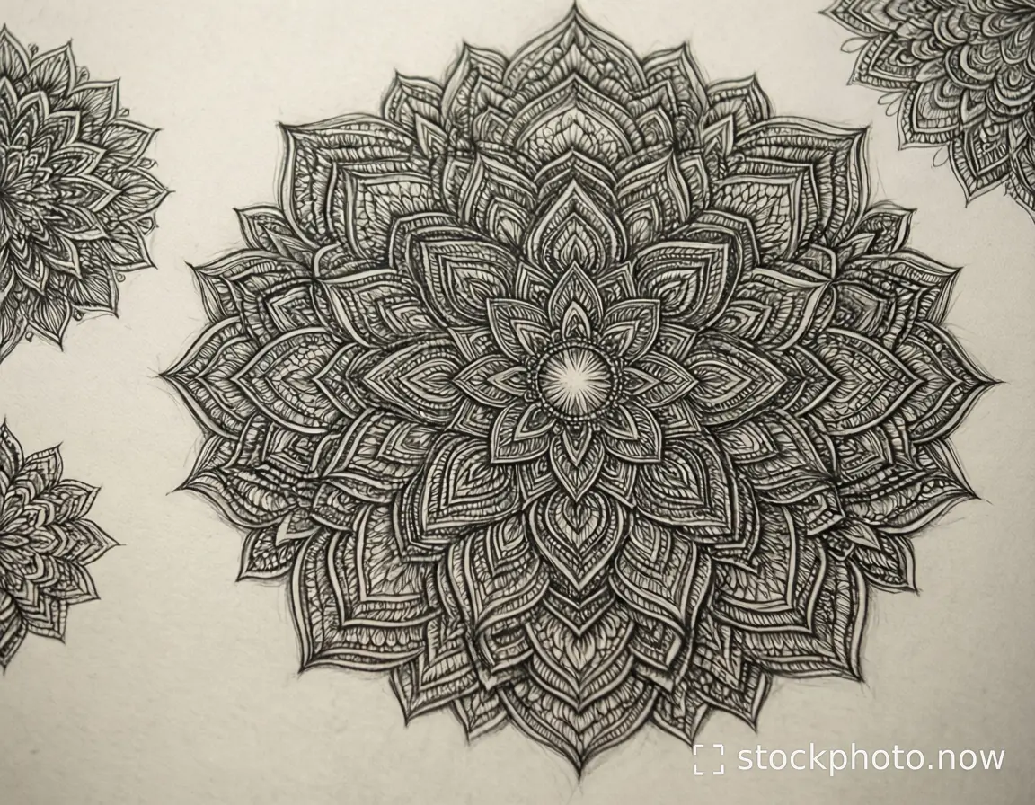 A detailed black ink mandala with intricate layered petals radiating from a central starburst on textured off-white paper.
