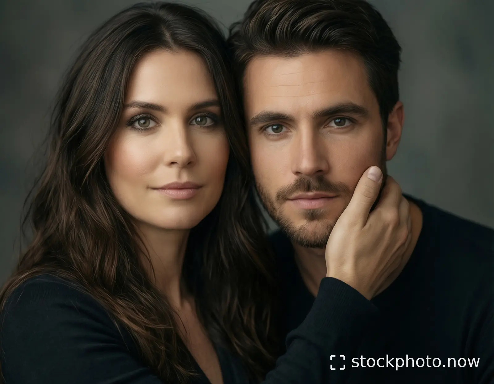 A man and woman in black tops gaze directly at the camera with soft lighting against a muted gray background.