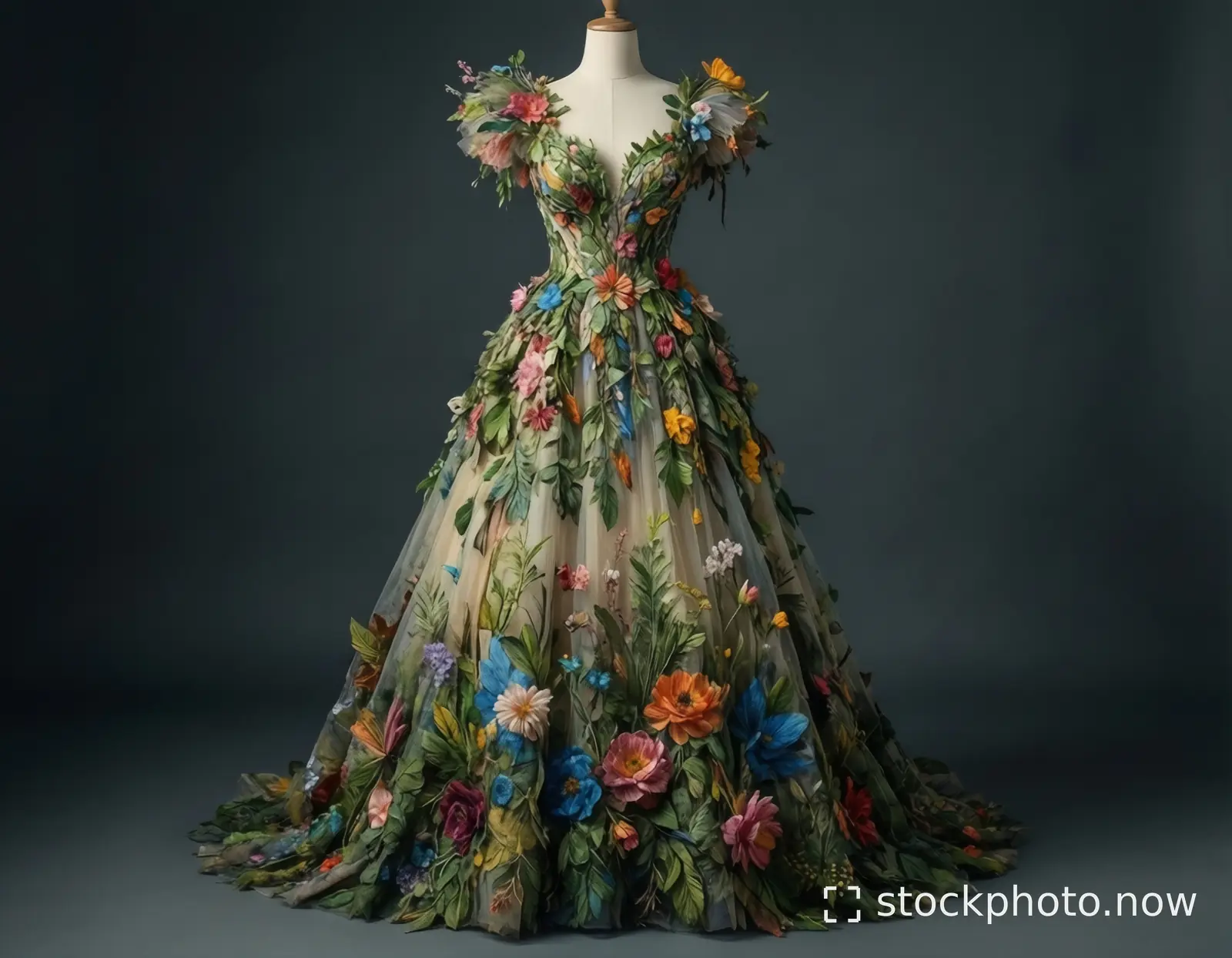 A voluminous gown adorned with three-dimensional colorful flowers and greenery displayed on a mannequin against a dark backdrop.