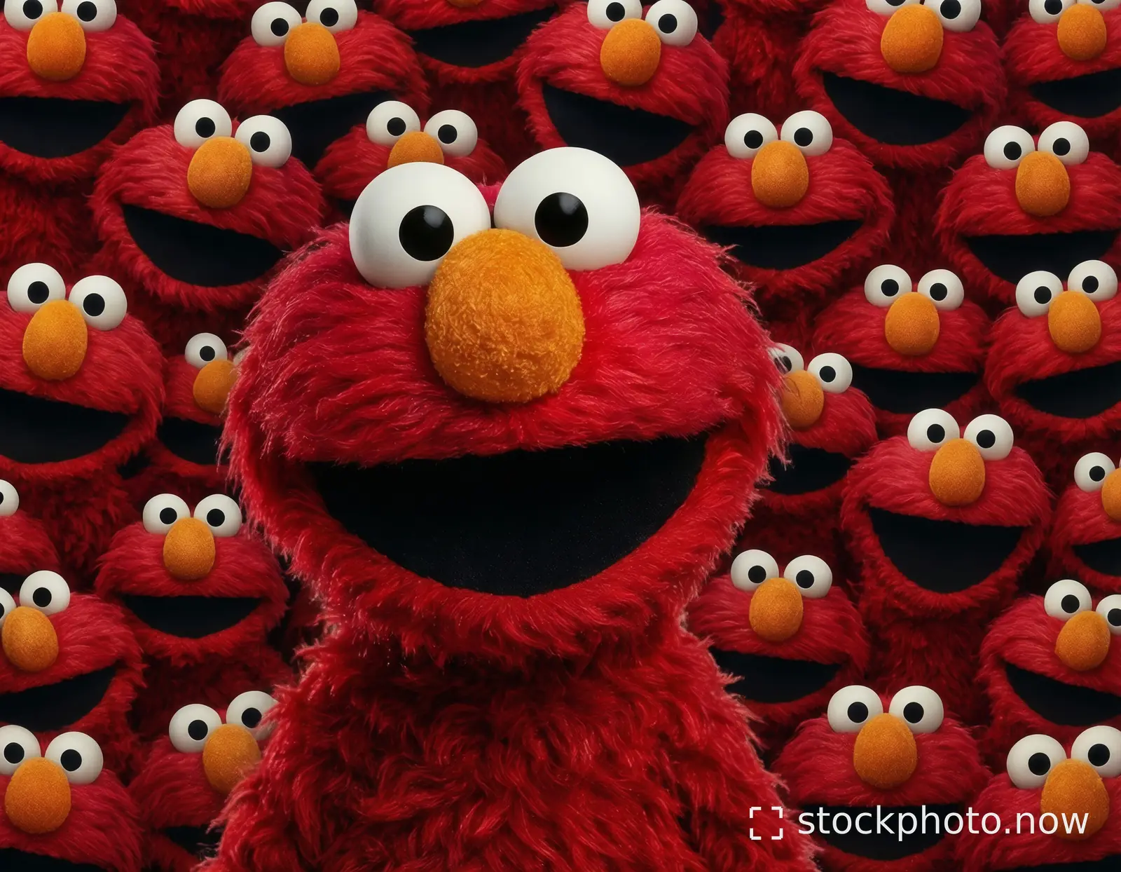 A cheerful red furry Elmo character smiles brightly surrounded by a repeating pattern of identical Elmo faces.