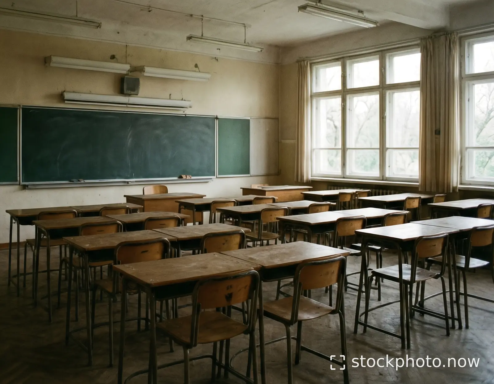 An abandoned classroom with rows of wooden desks and chairs facing a dusty chalkboard under faded fluorescent lights.