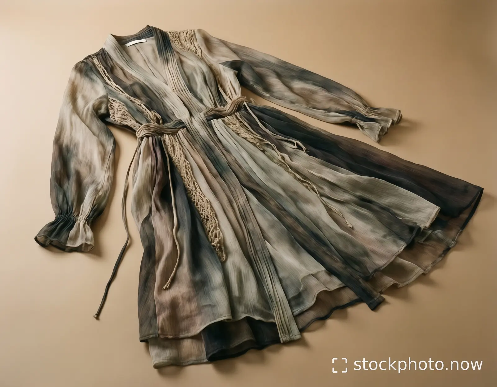 A flowing tie-dye robe with lace trim and drawstring waist lies draped on a beige surface.