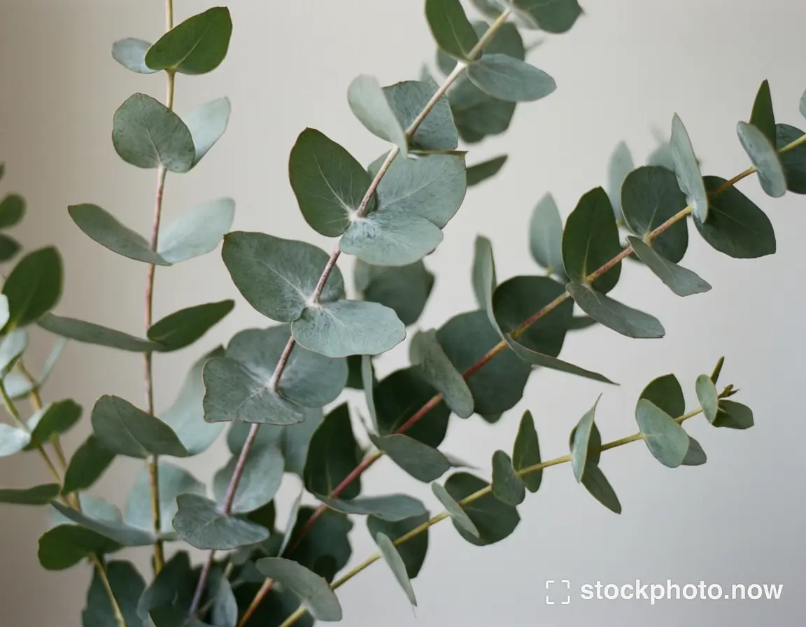 Close-up of fresh eucalyptus branches with silvery green leaves against a soft off-white background.