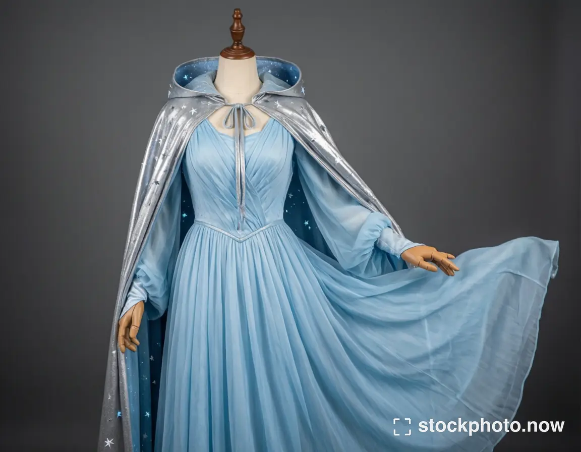 A pale blue flowing fantasy gown displayed with a shiny silver cape in a gray studio