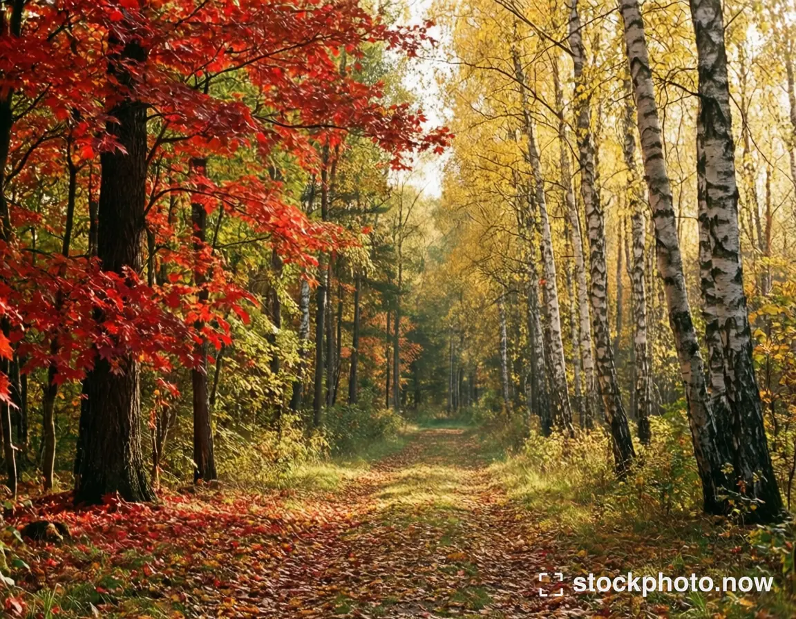 A leaf-covered woodland path between red maples and golden birch trees in soft sunlight