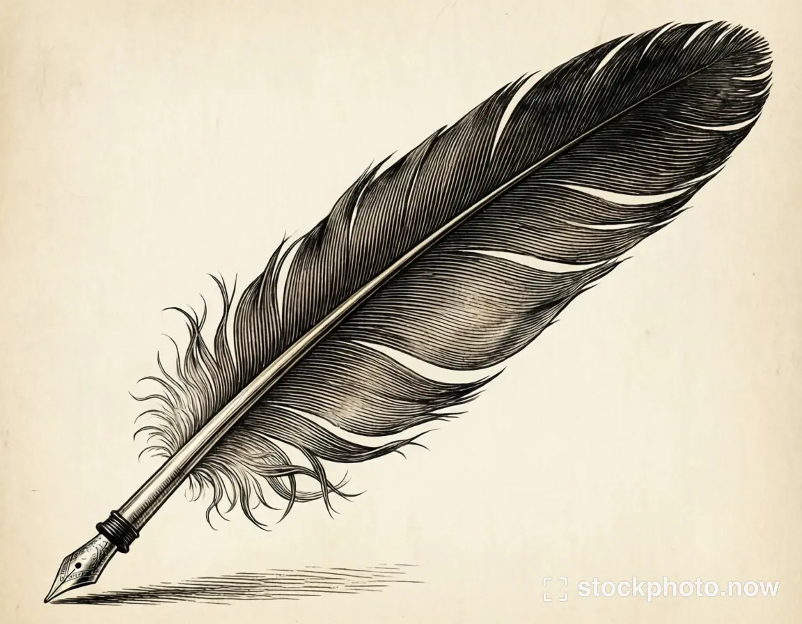A detailed black and white illustration of a quill pen with intricate feather texture on aged cream paper.