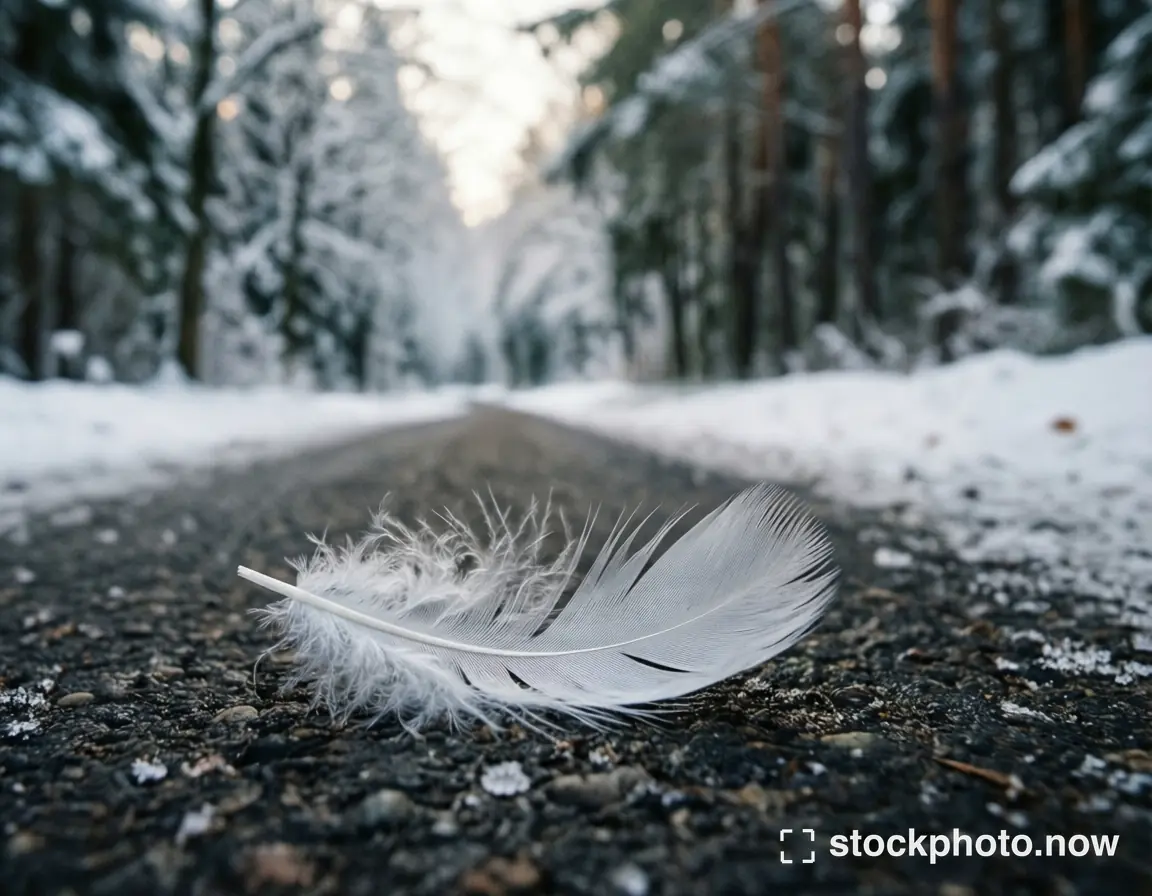 A delicate white feather lying on a dark road bordered by snow-covered trees