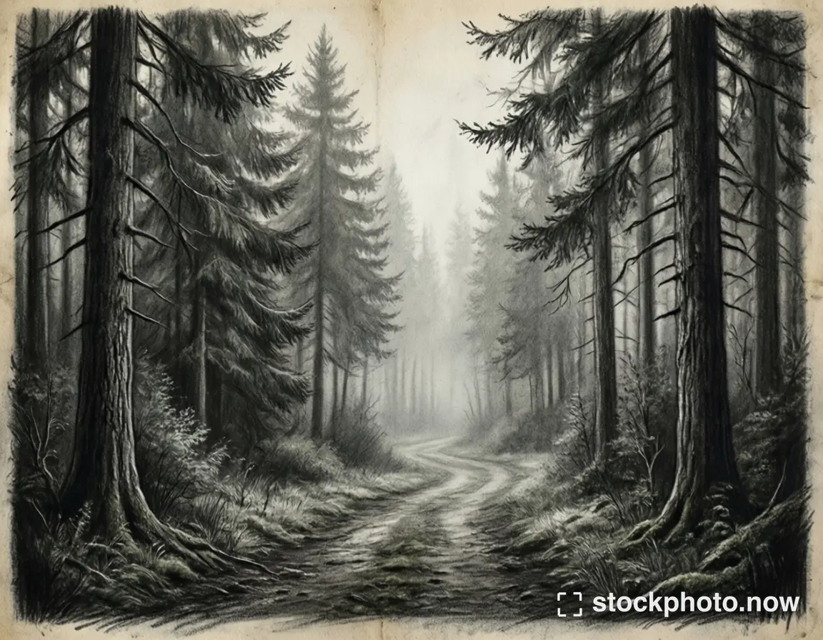 A monochrome charcoal illustration of a winding path between tall conifers fading into mist