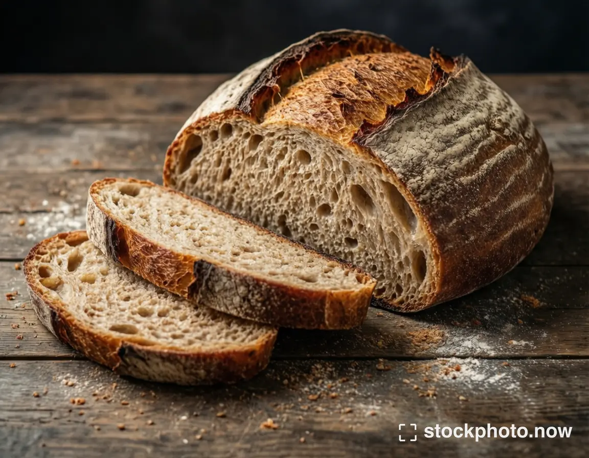 A rustic sourdough loaf with golden crust and airy crumb sits sliced on a flour-dusted wooden table.