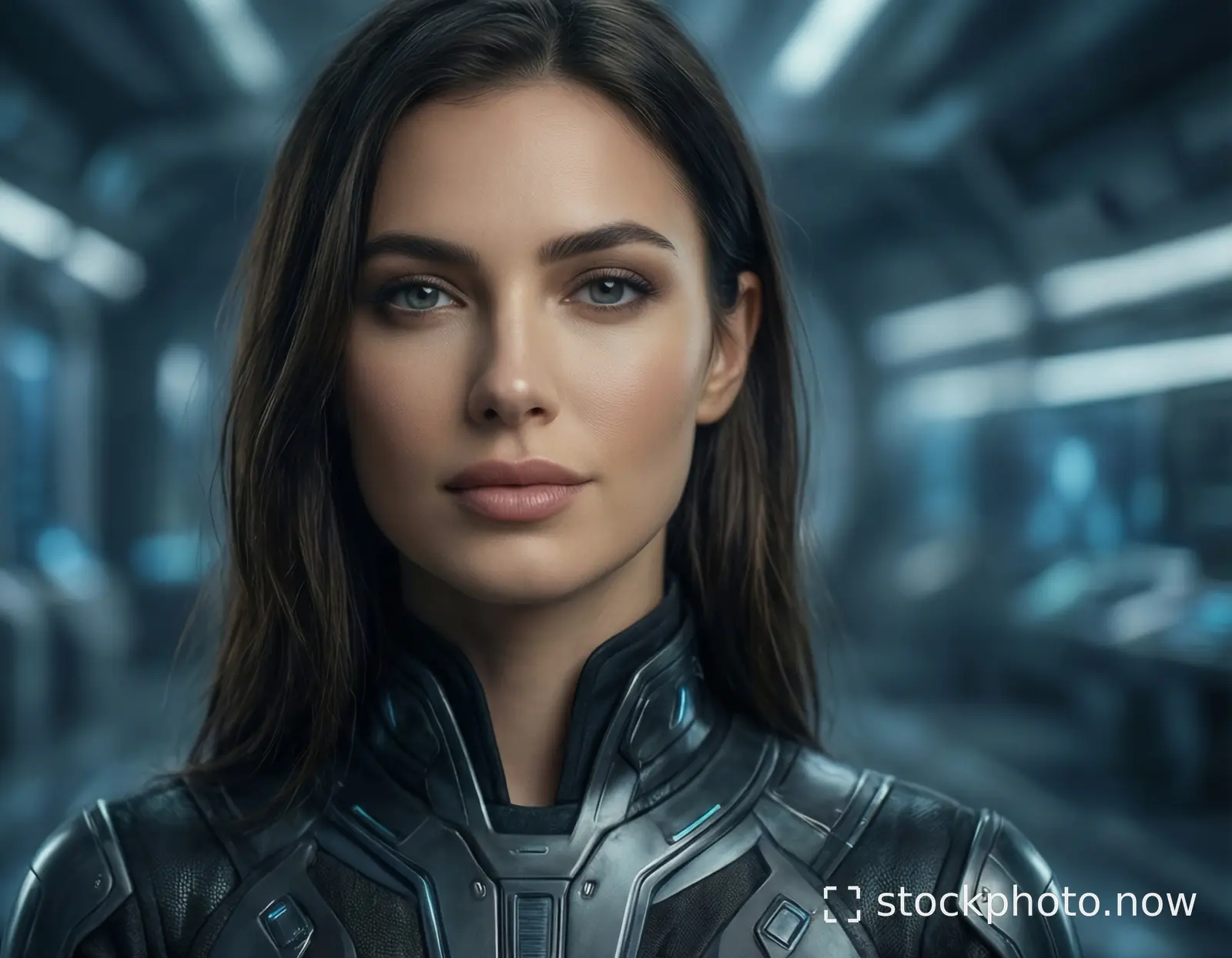 A woman in futuristic armor stands in a sleek metallic corridor with glowing blue lights.
