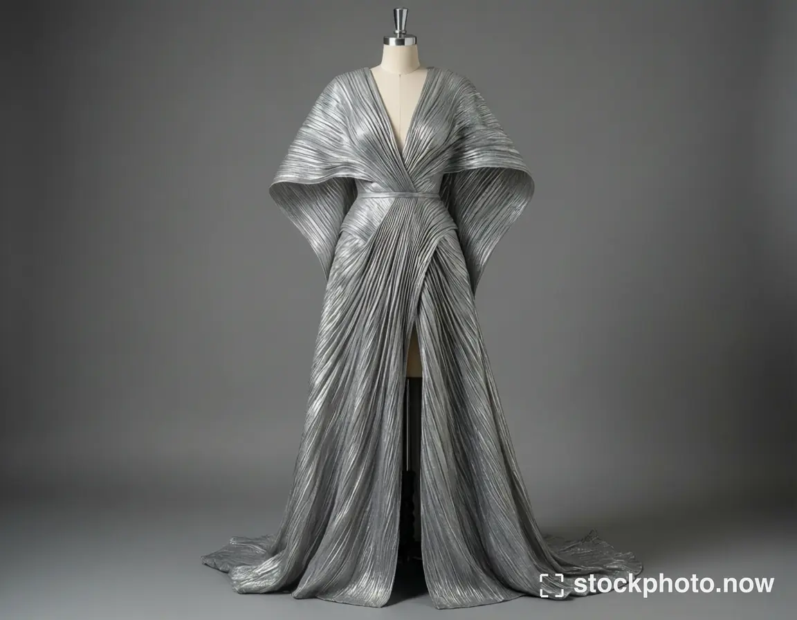 A metallic silver gown with angular sleeves and long draped folds displayed on a dress form