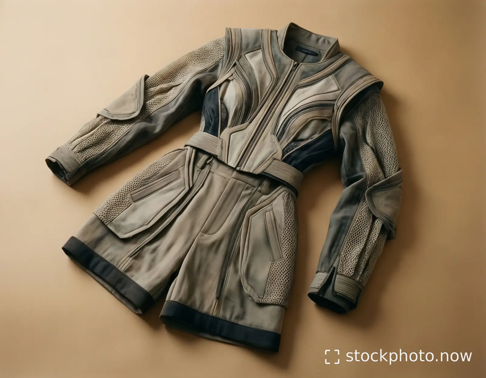 A futuristic gray and black armored jumpsuit with mesh panels and belt lies flat on a beige surface.