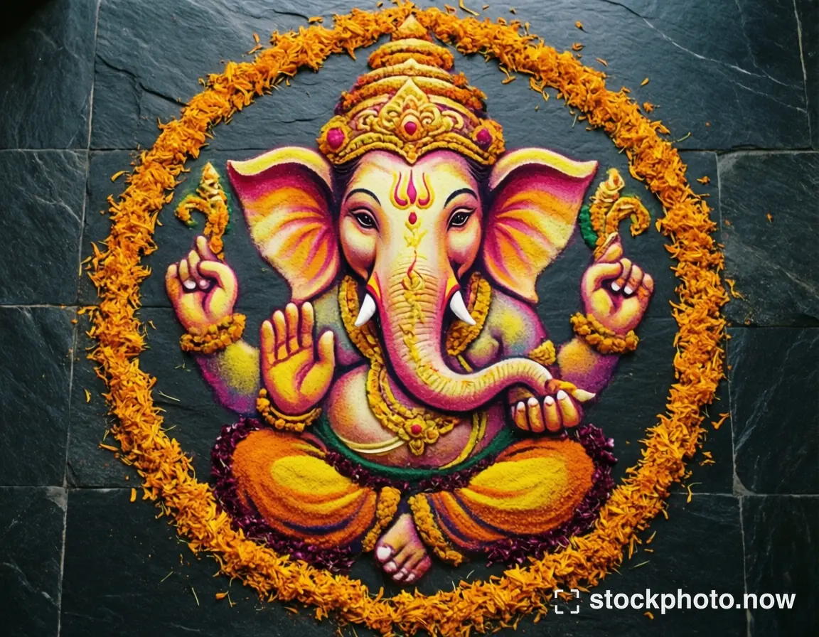 A colorful Ganesha design surrounded by orange marigolds on dark stone tiles