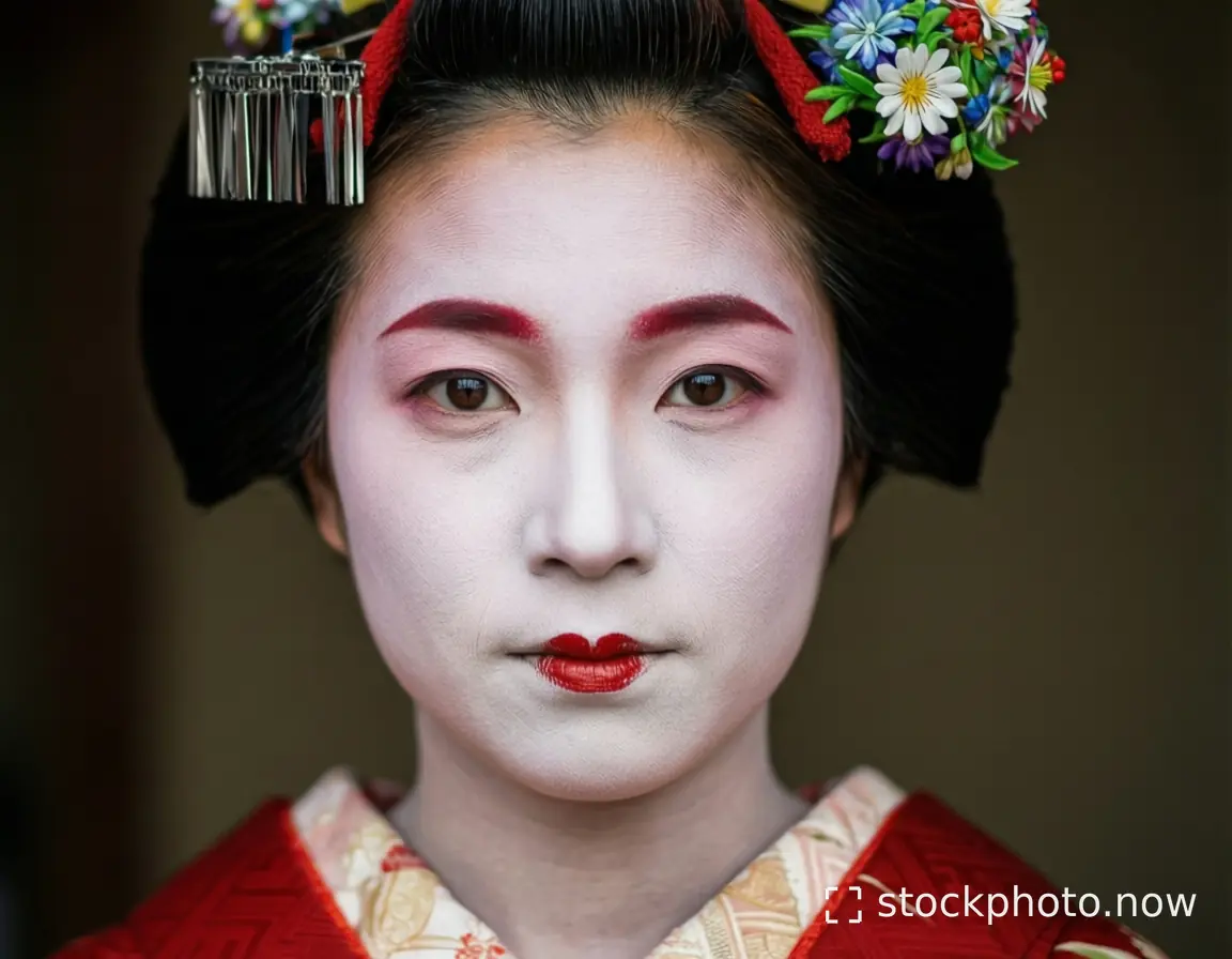 A geisha with white face paint red lips and floral hairpiece gazes forward in traditional red kimono.