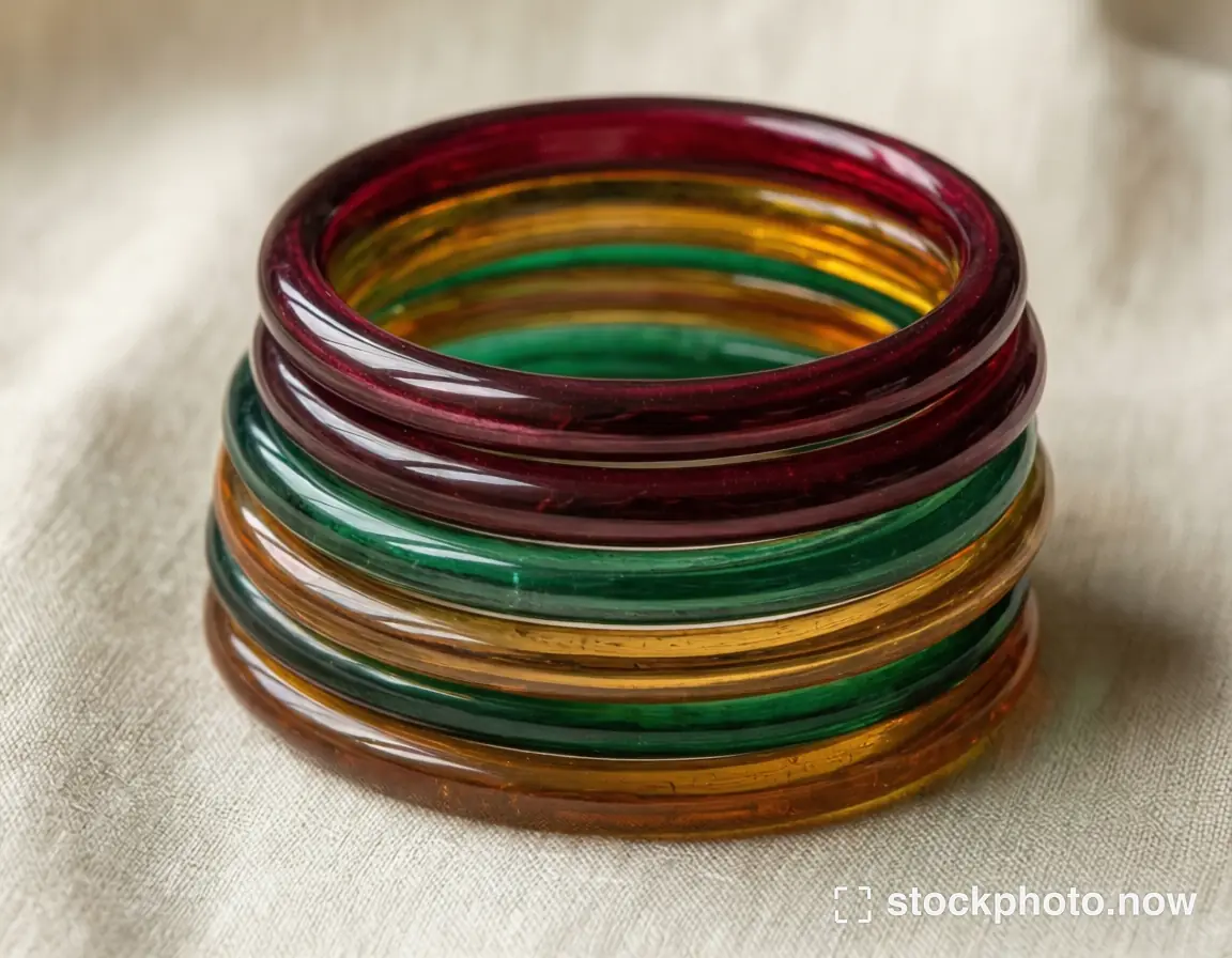 A stack of translucent red, green and amber glass bangles resting on cream linen