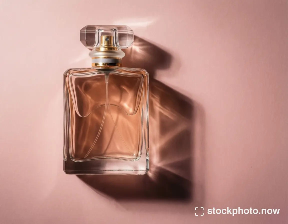 A clear glass perfume bottle with gold cap casts a dramatic shadow on a soft pink background.