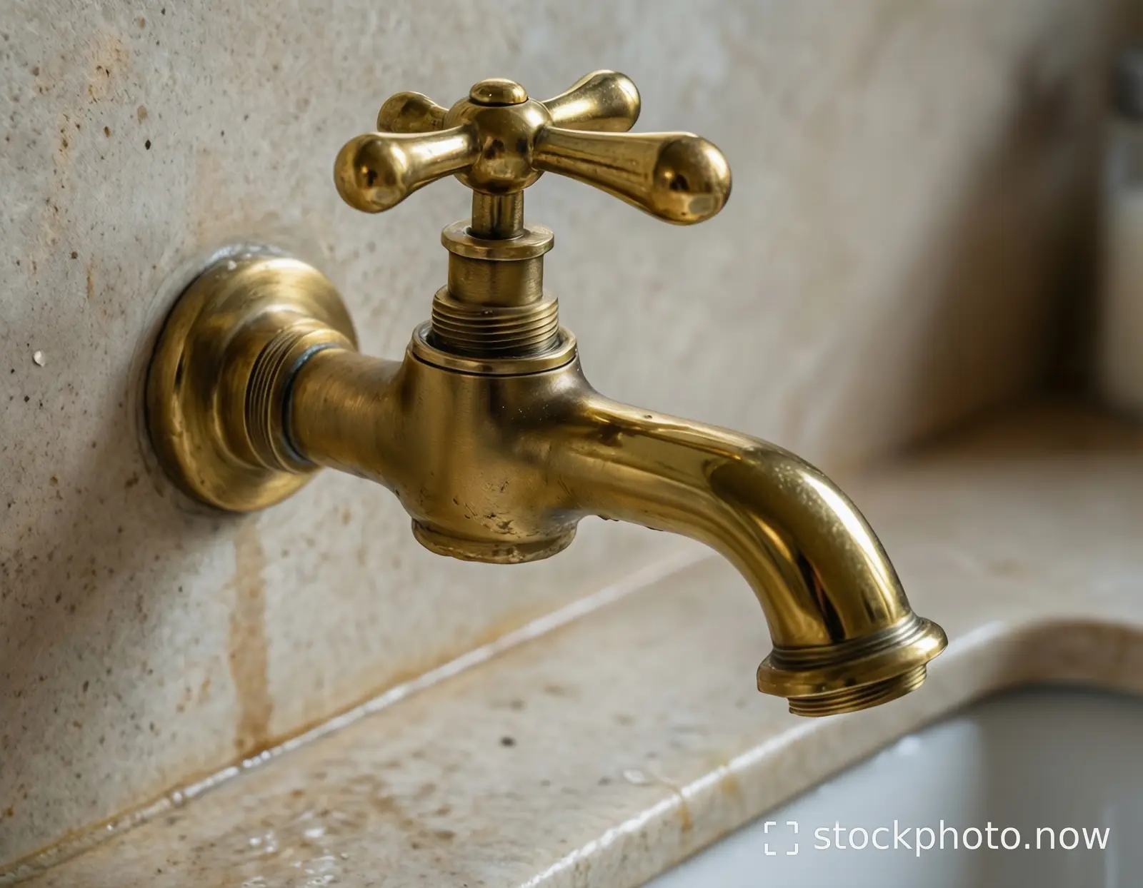 A close-up of a vintage brass faucet with a cross handle mounted on a speckled beige tiled wall.