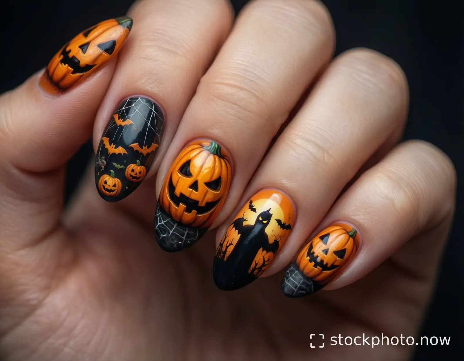 A hand displays intricately painted Halloween nails featuring jack-o'-lanterns bats ghosts and spiderwebs against black and orange backgrounds.