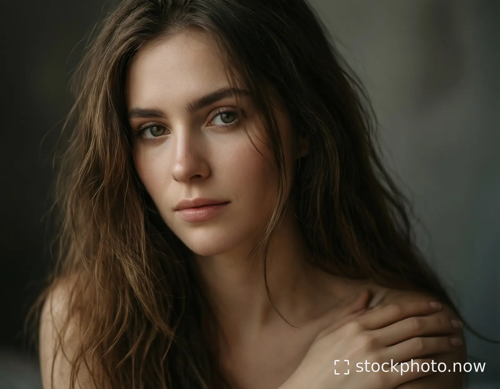 A woman with long wavy brown hair gazes softly at the camera with one hand resting gently on her shoulder against a muted gray background.